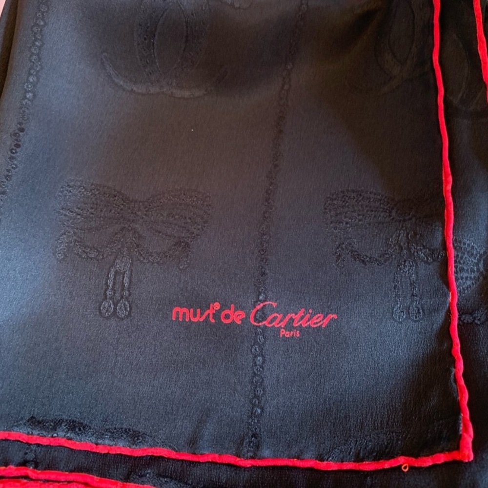 Cartier black silk scarf with red trim